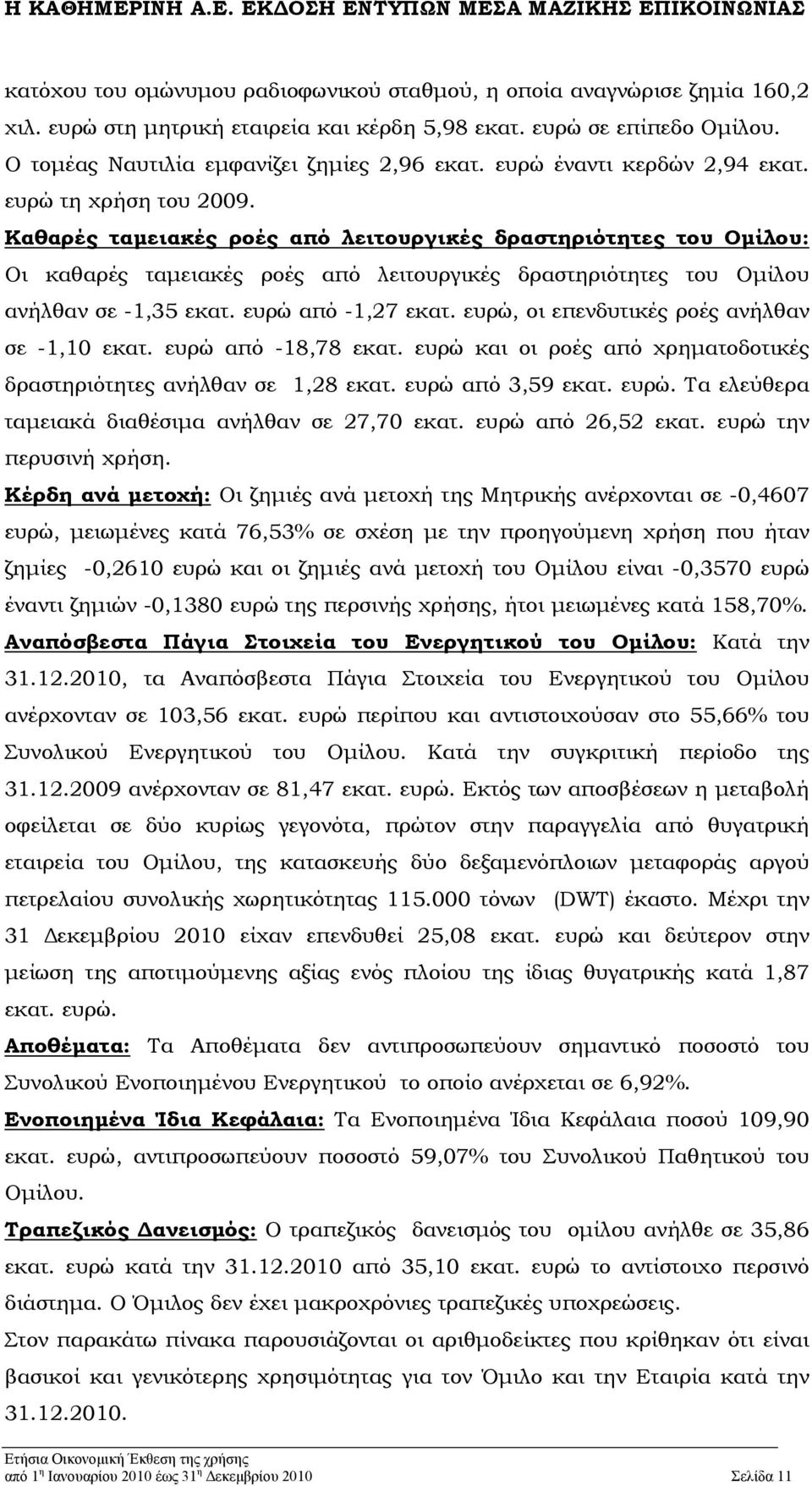 Καθαρές ταμειακές ροές από λειτουργικές δραστηριότητες του Ομίλου: Οι καθαρές ταμειακές ροές από λειτουργικές δραστηριότητες του Ομίλου ανήλθαν σε -1,35 εκατ. ευρώ από -1,27 εκατ.