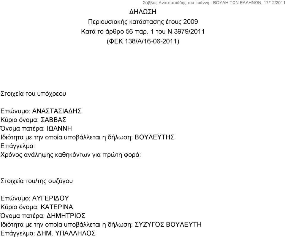 Ιδιότητα με την οποία υποβάλλεται η δήλωση: ΒΟΥΛΕΥΤΗΣ Επάγγελμα: Χρόνος ανάληψης καθηκόντων για πρώτη φορά: Στοιχεία