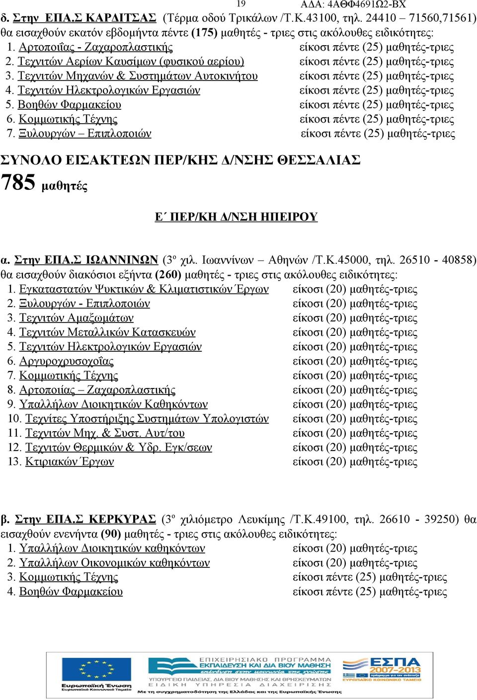 Ξυλουργών Επιπλοποιών ΣΥΝΟΛΟ ΕΙΣΑΚΤΕΩΝ ΠΕΡ/ΚΗΣ Δ/ΝΣΗΣ ΘΕΣΣΑΛΙΑΣ 785 μαθητές Ε ΠΕΡ/ΚΗ Δ/ΝΣΗ ΗΠΕΙΡΟΥ α. Στην ΕΠΑ.Σ ΙΩΑΝΝΙΝΩΝ (3 ο χιλ. Ιωαννίνων Αθηνών /Τ.K.45000, τηλ.