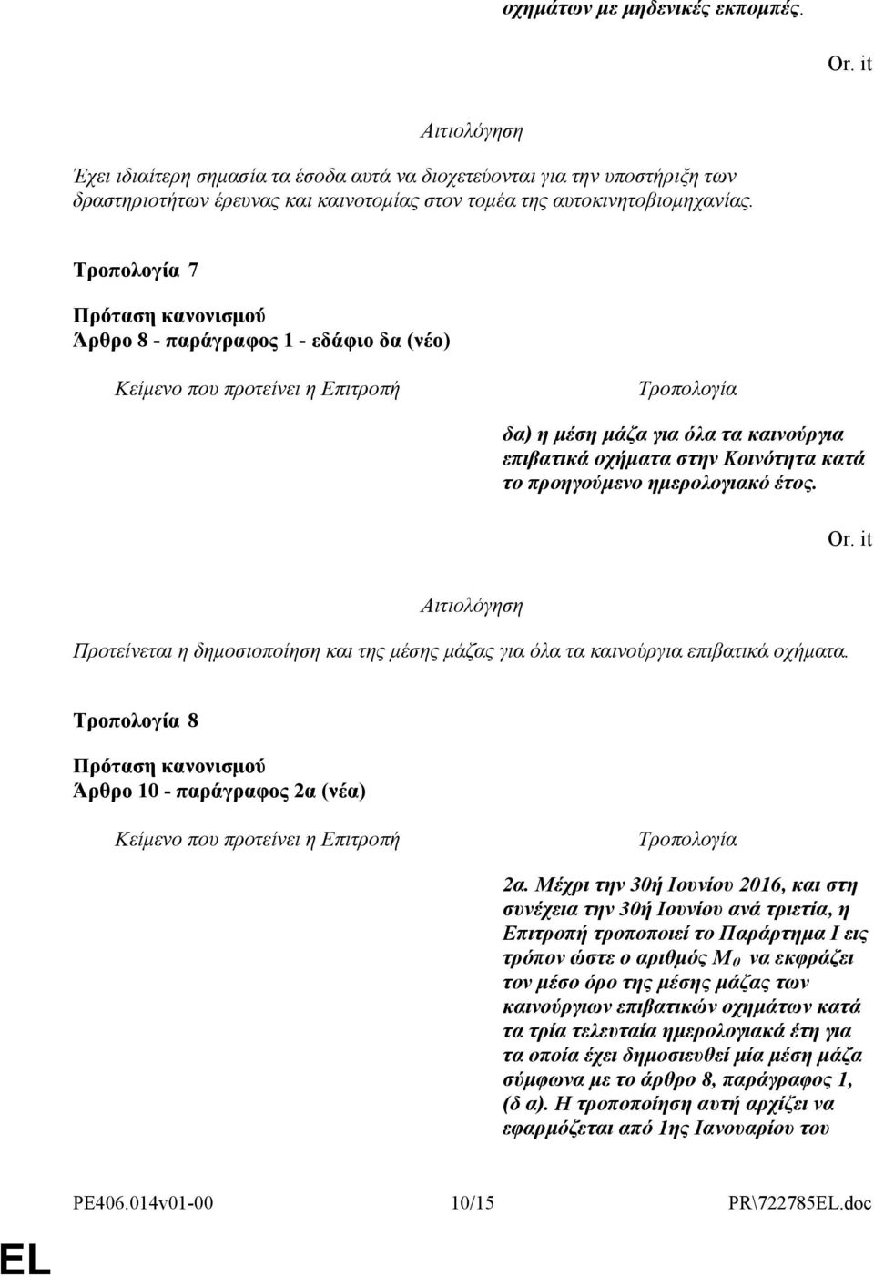 Προτείνεται η δηµοσιοποίηση και της µέσης µάζας για όλα τα καινούργια επιβατικά οχήµατα. 8 Άρθρο 10 - παράγραφος 2α (νέα) 2α.