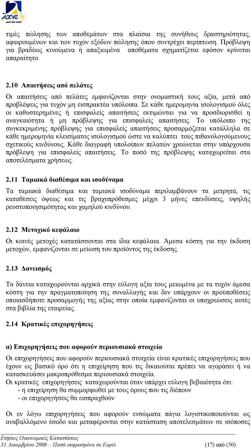 10 Απαιτήσεις από πελάτες Οι απαιτήσεις από πελάτες εμφανίζονται στην ονομαστική τους αξία, μετά από προβλέψεις για τυχόν μη εισπρακτέα υπόλοιπα.