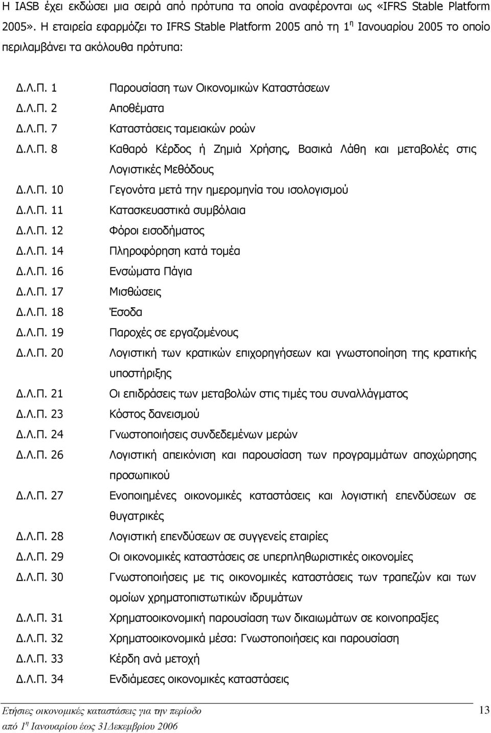 1 Δ.Λ.Π. 2 Δ.Λ.Π. 7 Δ.Λ.Π. 8 Παρουσίαση των Οικονομικών Καταστάσεων Αποθέματα Καταστάσεις ταμειακών ροών Καθαρό Κέρδος ή Ζημιά Χρήσης, Βασικά Λάθη και μεταβολές στις Λογιστικές Μεθόδους Δ.Λ.Π. 10 Δ.Λ.Π. 11 Δ.