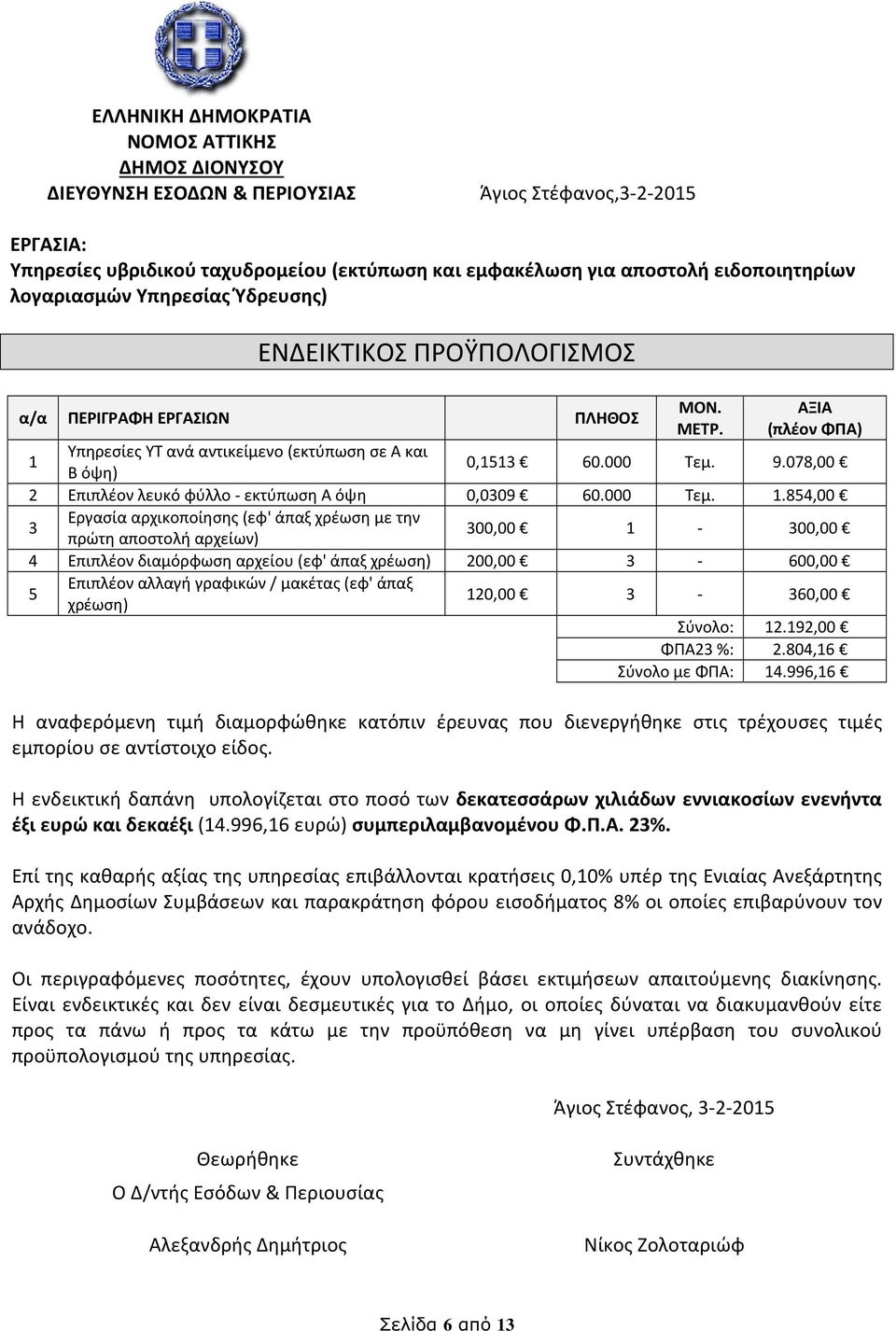 078,00 2 Επιπλέον λευκό φύλλο - εκτύπωση Α όψη 0,0309 60.000 Τεμ. 1.