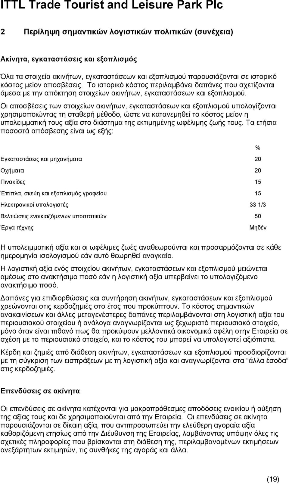 Οι αποσβέσεις των στοιχείων ακινήτων, εγκαταστάσεων και εξοπλισμού υπολογίζονται χρησιμοποιώντας τη σταθερή μέθοδο, ώστε να κατανεμηθεί το κόστος μείον η υπολειμματική τους αξία στο διάστημα της