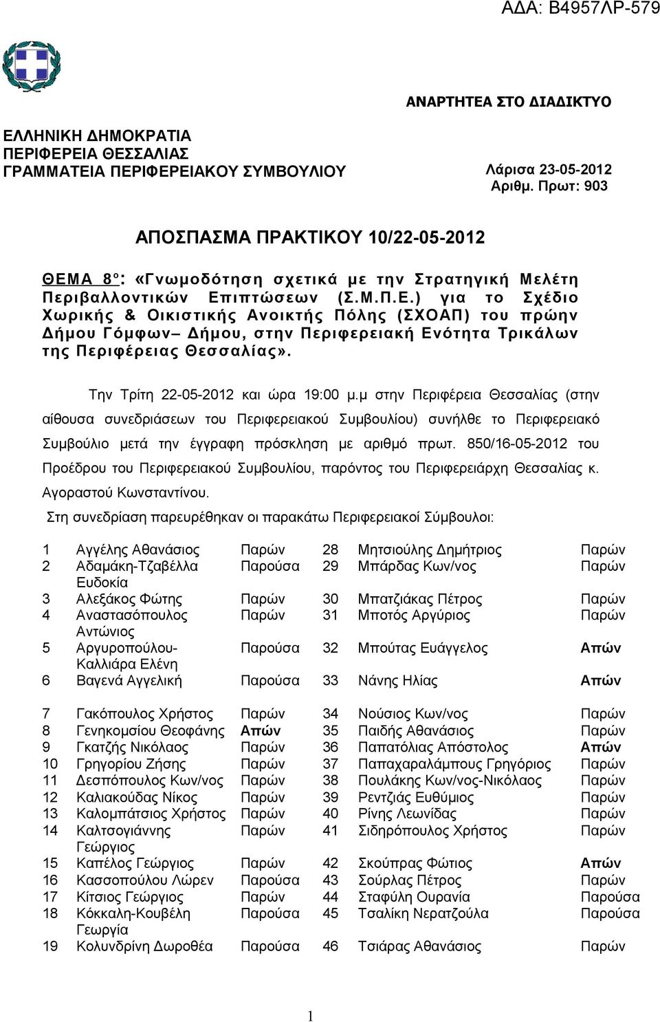 Την Τρίτη 22-05-2012 και ώρα 19:00 μ.μ στην Περιφέρεια Θεσσαλίας (στην αίθουσα συνεδριάσεων του Περιφερειακού Συμβουλίου) συνήλθε το Περιφερειακό Συμβούλιο μετά την έγγραφη πρόσκληση με αριθμό πρωτ.