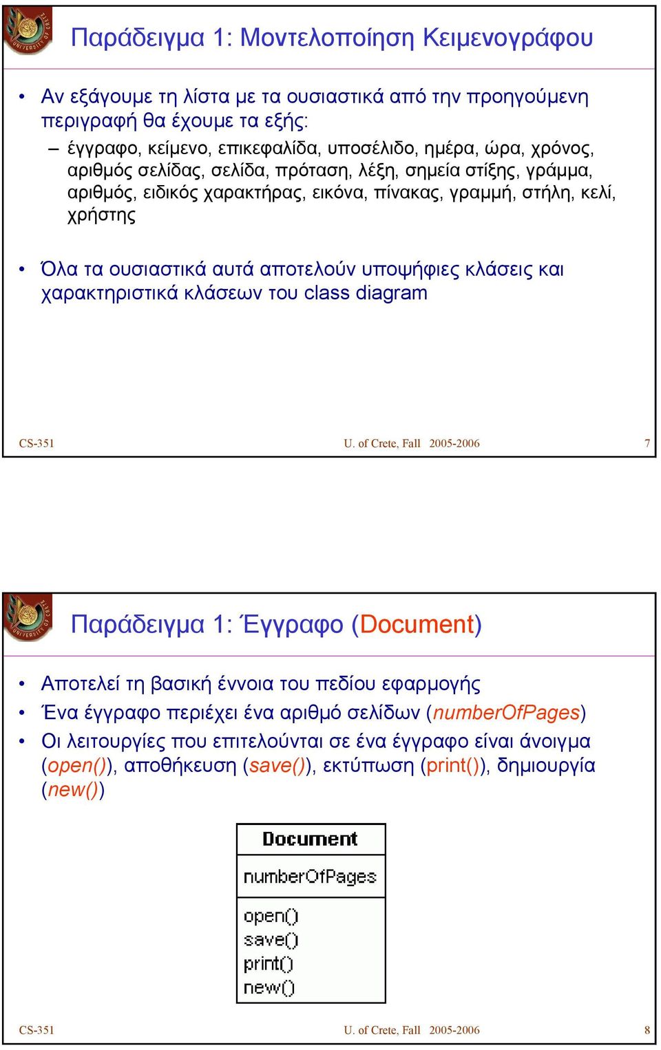 και χαρακτηριστικά κλάσεων του class diagram CS-351 U.