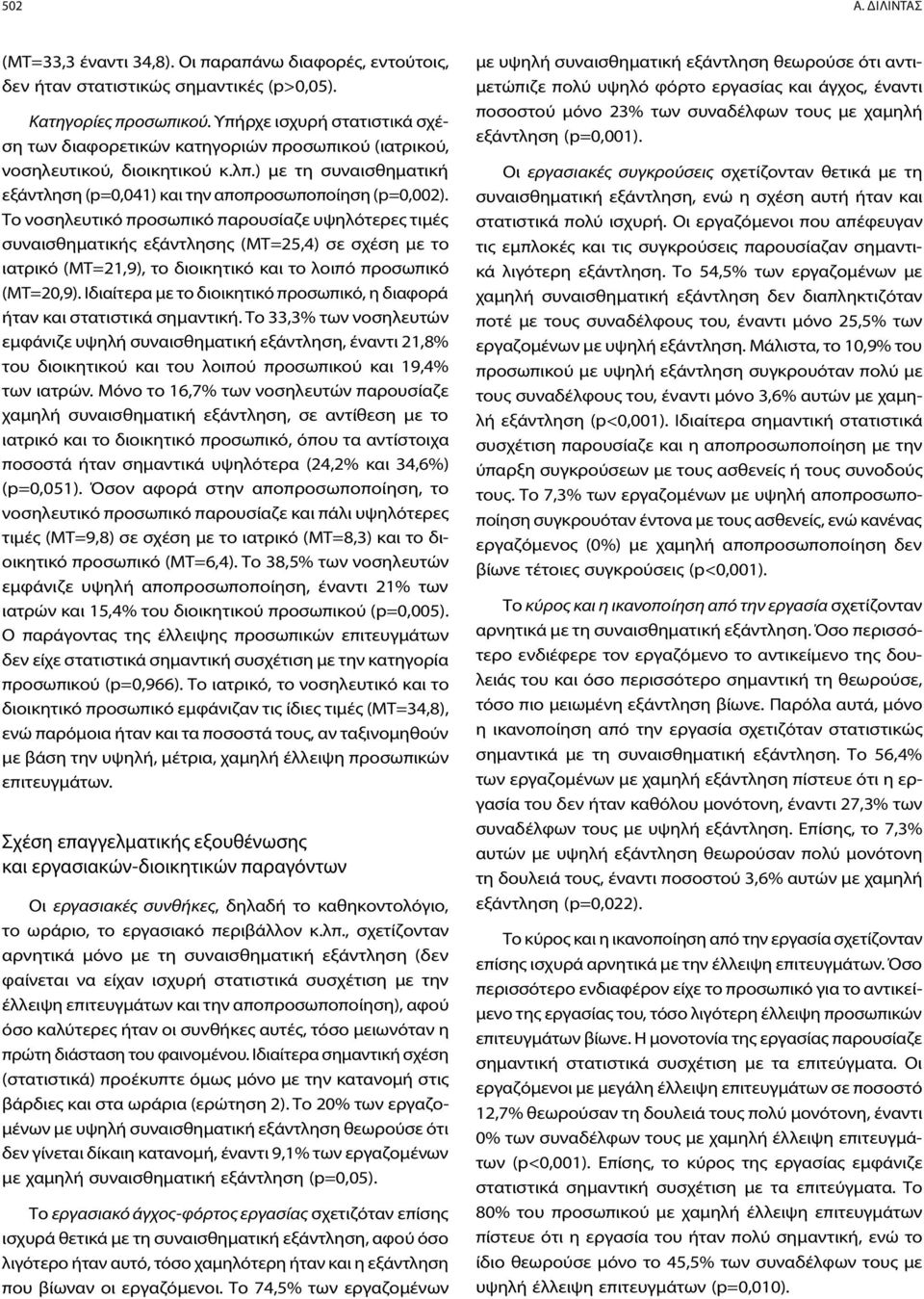 Το νοσηλευτικό προσωπικό παρουσίαζε υψηλότερες τιμές συναισθηματικής εξάντλησης (ΜΤ=25,4) σε σχέση με το ιατρικό (ΜΤ=21,9), το διοικητικό και το λοιπό προσωπικό (ΜΤ=20,9).