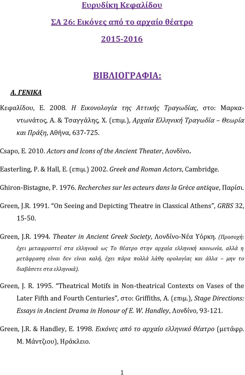 Greek and Roman Actors, Cambridge. Ghiron-Bistagne, P. 1976. Recherches sur les acteurs dans la Grèce antique, Παρίςι. Green, J.R. 1991.