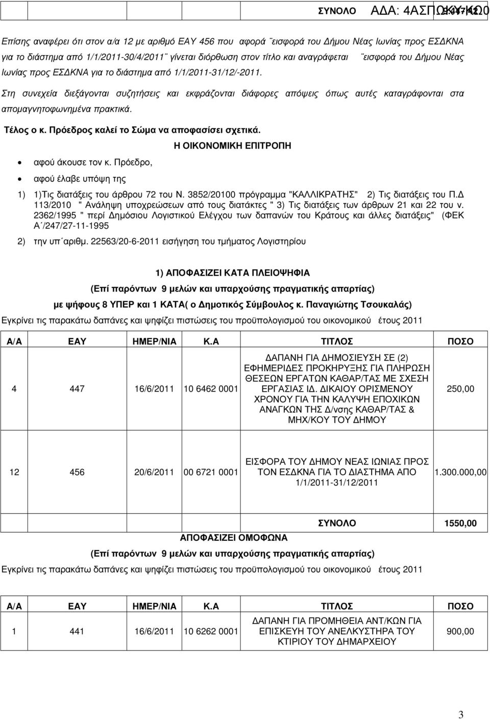 προς ΕΣ ΚΝΑ για το διάστηµα από 1/1/2011-31/12/-2011.