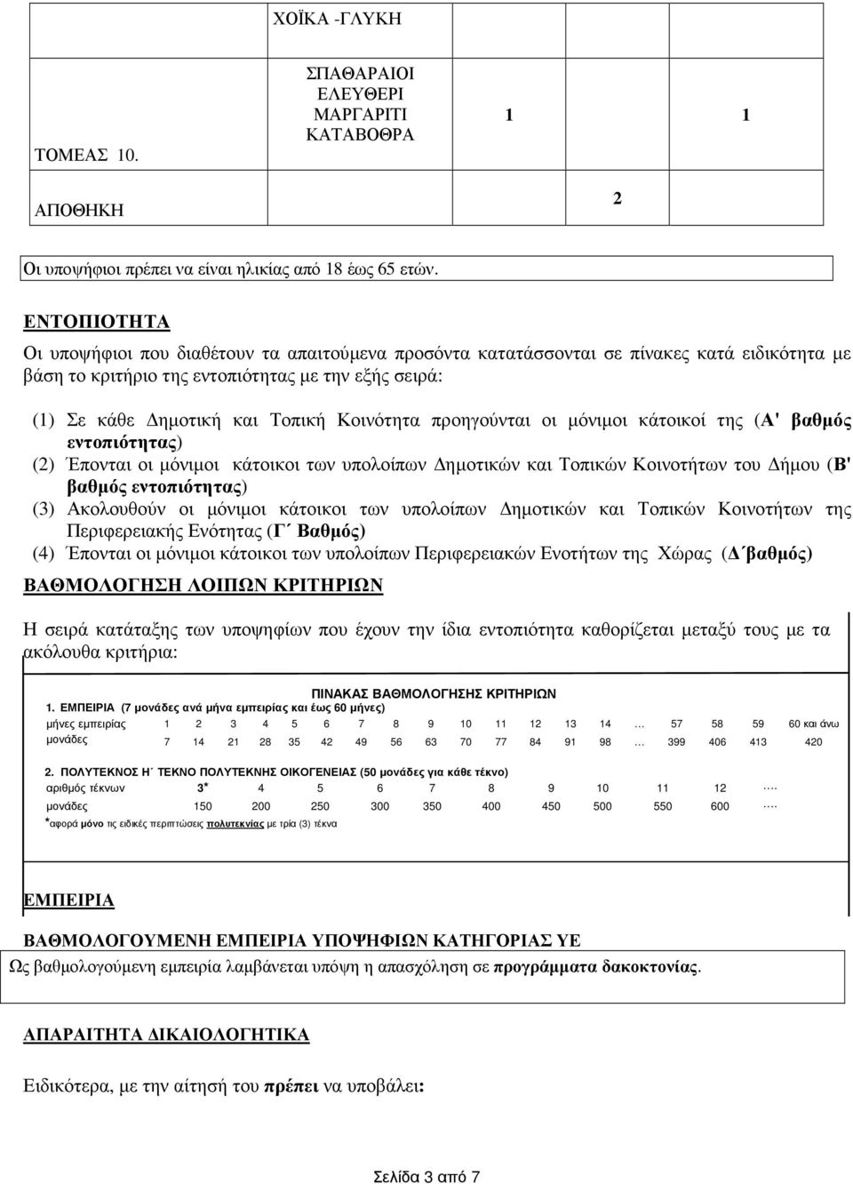 Κοινότητα προηγούνται οι µόνιµοι κάτοικοί της (Α' βαθµός εντοπιότητας) (2) Έπονται οι µόνιµοι κάτοικοι των υπολοίπων ηµοτικών και Τοπικών Κοινοτήτων του ήµου (Β' βαθµός εντοπιότητας) (3) Ακολουθούν