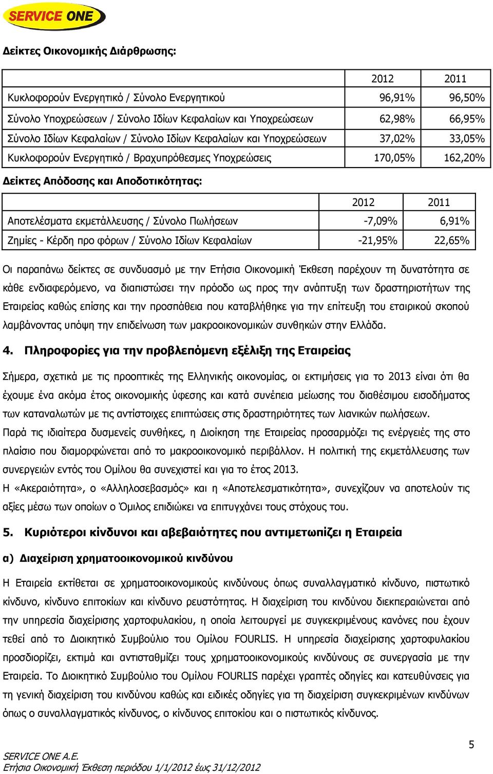 Σύνολο Πωλήσεων -7,09% 6,91% Ζημίες - Κέρδη προ φόρων / Σύνολο Ιδίων Κεφαλαίων -21,95% 22,65% Οι παραπάνω δείκτες σε συνδυασμό με την Ετήσια Οικονομική Έκθεση παρέχουν τη δυνατότητα σε κάθε