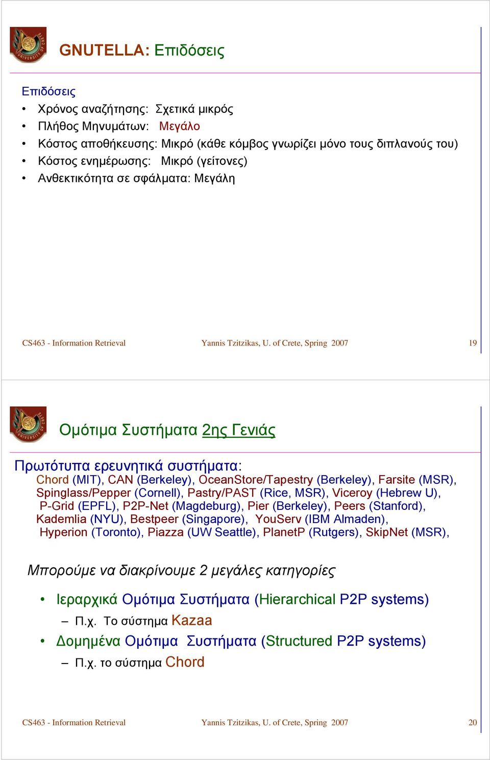 of Crete, Spring 007 19 Ομότιμα Συστήματα ης Γενιάς Πρωτότυπα ερευνητικά συστήματα: Chord (MIT), CAN (Berkeley), OceanStore/Tapestry (Berkeley), Farsite (MSR), Spinglass/Pepper (Cornell), Pastry/PAST