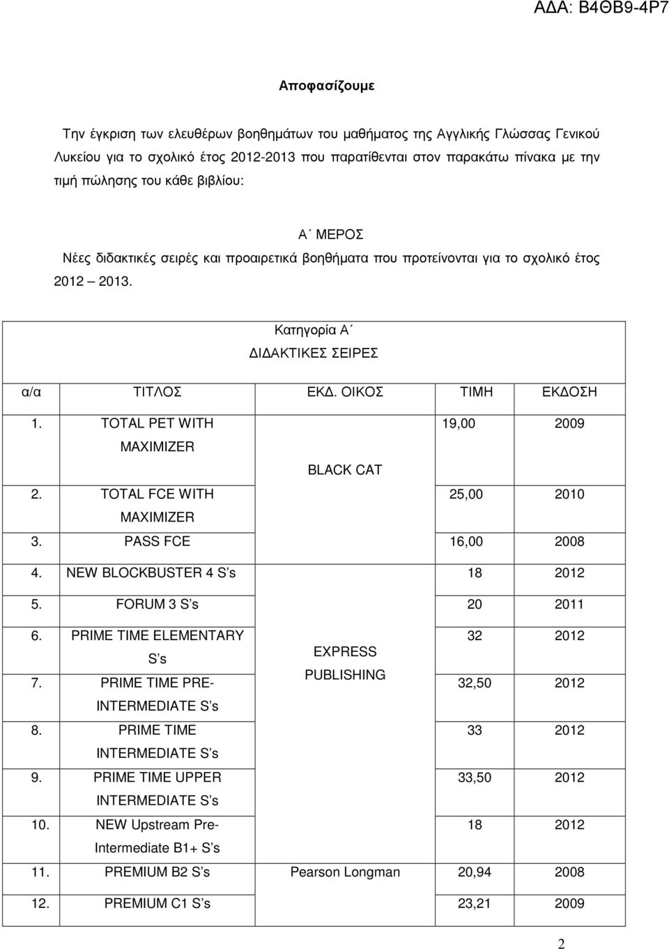 TOTAL PET WITH MAXIMIZER 2. TOTAL FCE WITH MAXIMIZER 3. PASS FCE BLACK CAT 19,00 2009 25,00 2010 16,00 2008 4. NEW BLOCKBUSTER 4 S s 18 2012 5. FORUM 3 S s 20 6. PRIME TIME ELEMENTARY 32 2012 7.