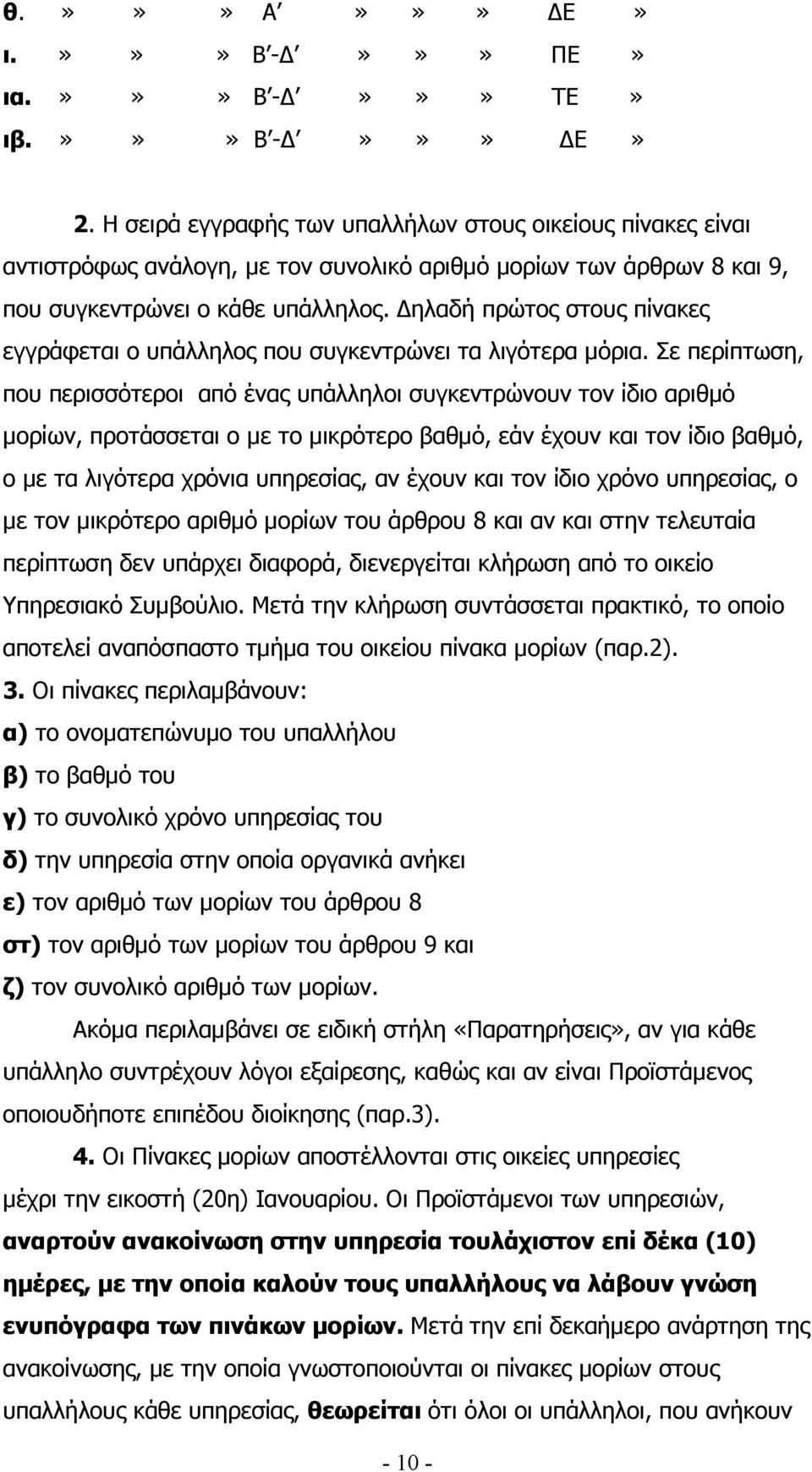 ηλαδή πρώτος στους πίνακες εγγράφεται ο υπάλληλος που συγκεντρώνει τα λιγότερα µόρια.