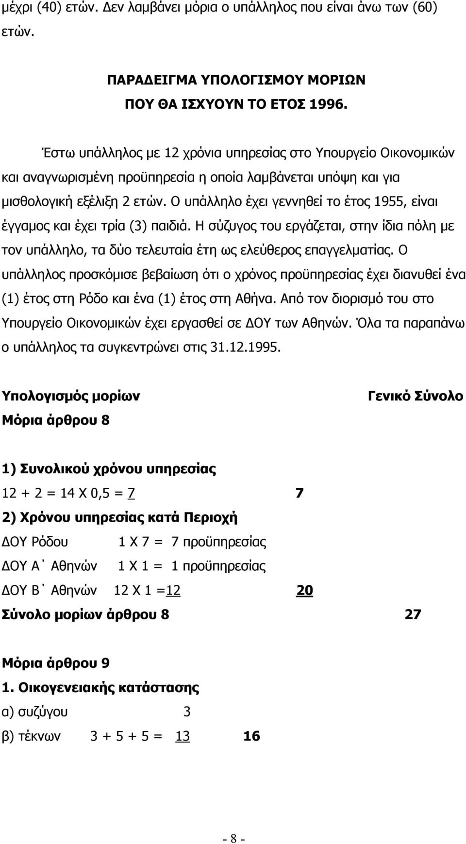 Ο υπάλληλο έχει γεννηθεί το έτος 1955, είναι έγγαµος και έχει τρία (3) παιδιά. Η σύζυγος του εργάζεται, στην ίδια πόλη µε τον υπάλληλο, τα δύο τελευταία έτη ως ελεύθερος επαγγελµατίας.