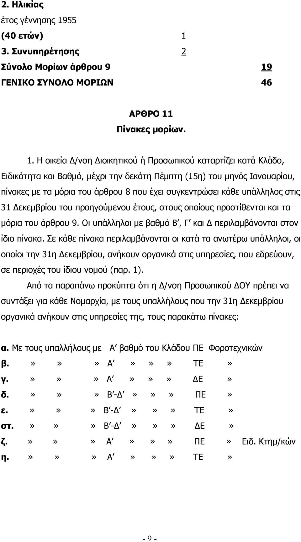 3. Συνυπηρέτησης 2 Σύνολο Μορίων άρθρου 9 19