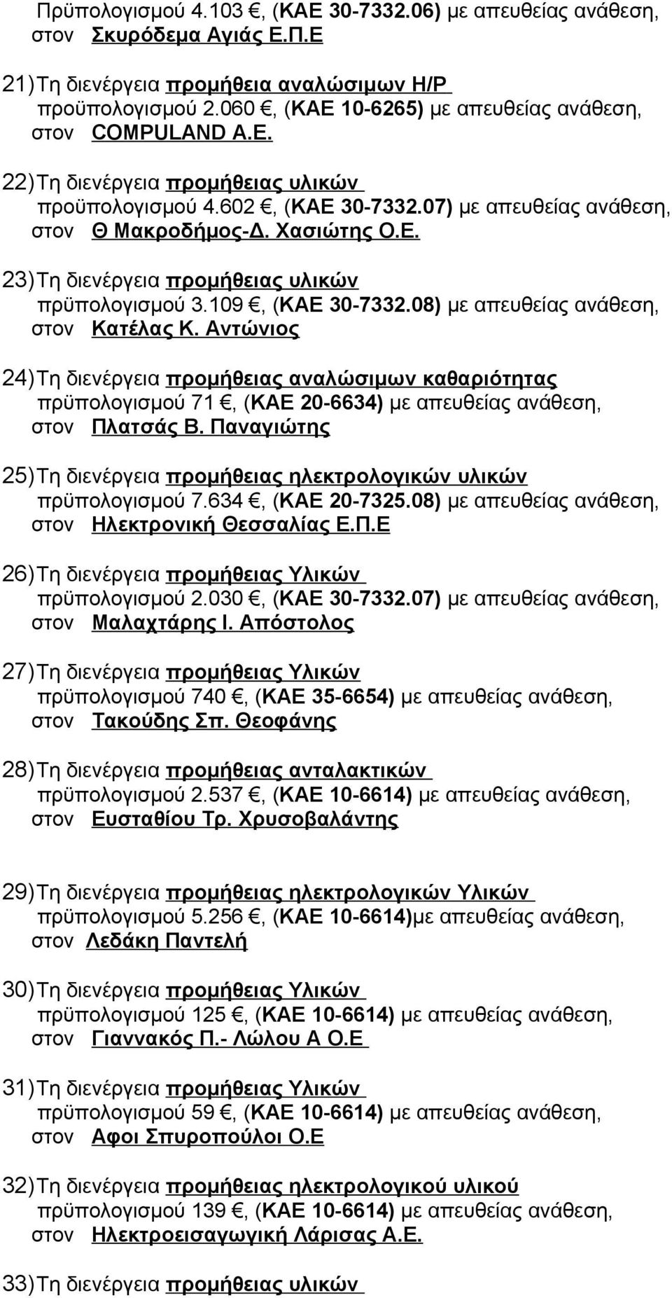 109, (ΚΑΕ 30-7332.08) με απευθείας ανάθεση, στον Κατέλας Κ. Αντώνιος 24)Τη διενέργεια προμήθειας αναλώσιμων καθαριότητας πρϋπολογισμού 71, (ΚΑΕ 20-6634) με απευθείας ανάθεση, στον Πλατσάς Β.