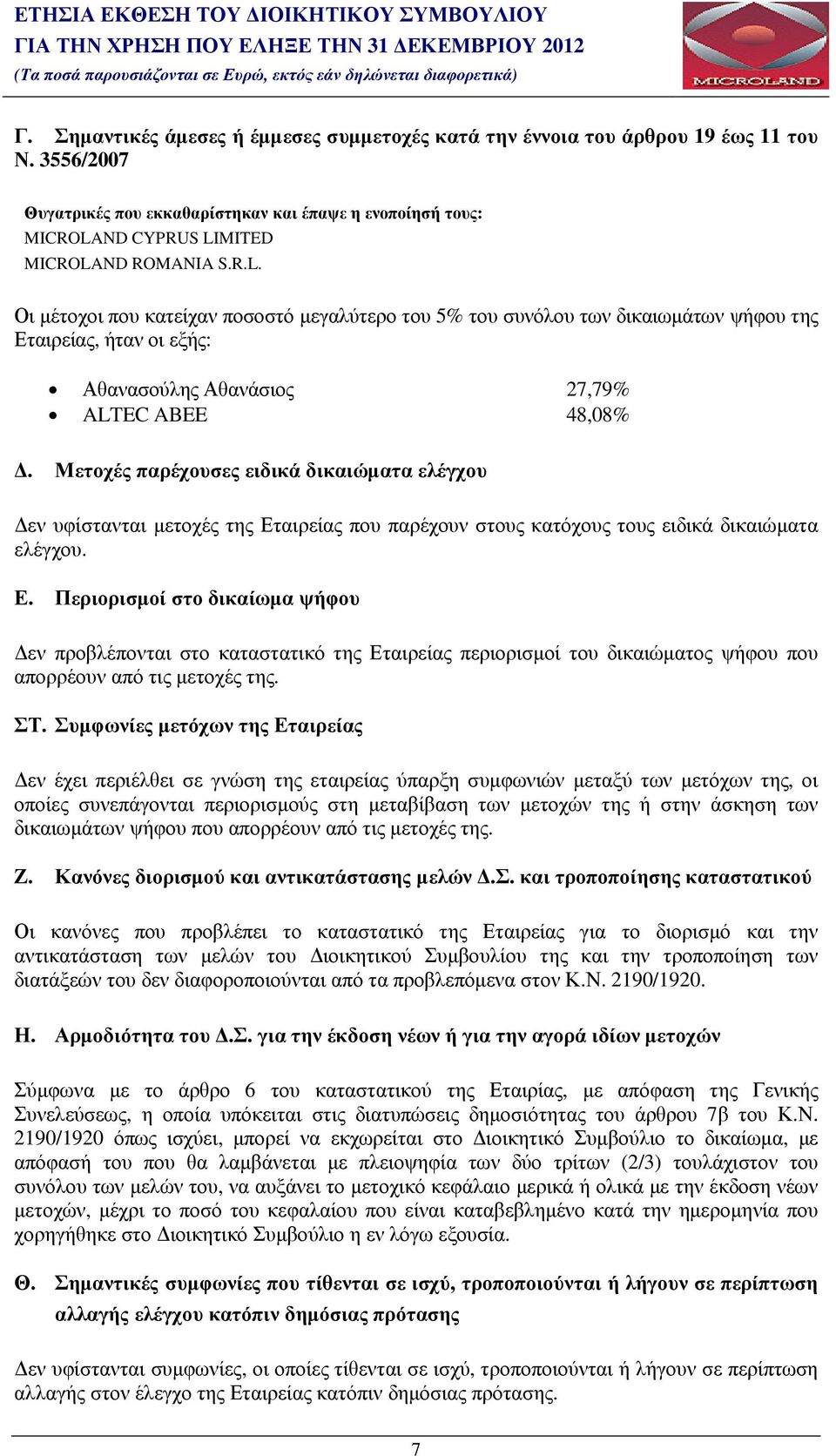 ND CYPRUS LIMITED MICROLAND ROMANIA S.R.L. Οι µέτοχοι που κατείχαν ποσοστό µεγαλύτερο του 5% του συνόλου των δικαιωµάτων ψήφου της Εταιρείας, ήταν οι εξής: Αθανασούλης Αθανάσιος 27,79% ALTEC ABEE 48,08%.