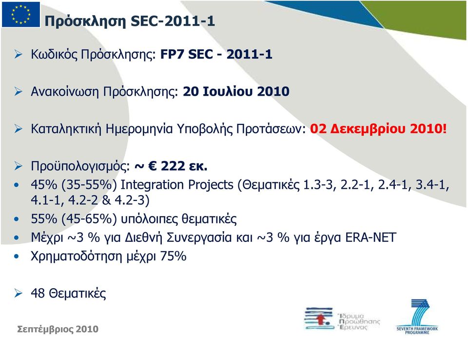 45% (35-55%) Integration Projects (Θεµατικές 1.3-3, 2.2-1, 2.4-1, 3.4-1, 4.1-1, 4.2-2 & 4.