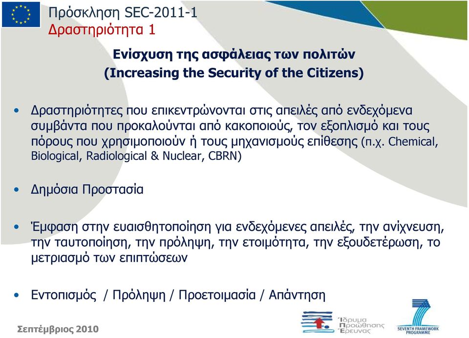 µηχανισµούς επίθεσης (π.χ. Chemical, Biological, Radiological & Nuclear, CBRN) ηµόσια Προστασία Έµφαση στην ευαισθητοποίηση για ενδεχόµενες