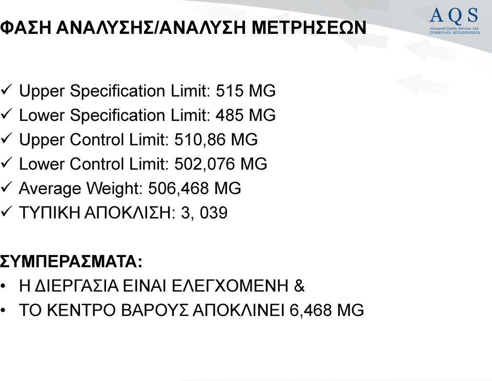 Control Limit: 502,076 MG Average Weight: 506,468 MG ΣΤΠΙΚΗ ΑΠΟΚΛΙΗ: