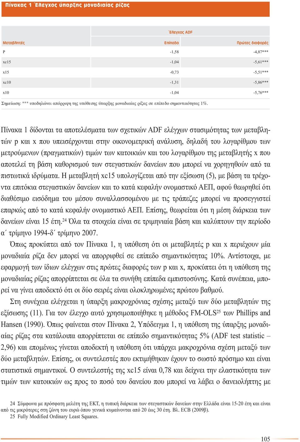 Πίνακα 1 δίδονται τα αποτελέσµατα των σχετικών ADF ελέγχων στασιµότητας των µεταβλητών p και x που υπεισέρχονται στην οικονοµετρική ανάλυση, δηλαδή του λογαρίθµου των µετρούµενων (πραγµατικών) τιµών