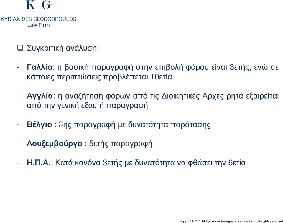 παραγραφή - Βέλγιο : 3ης παραγραφή µε δυνατότητα παράτασης - Λουξεµβούργο : 5ετής παραγραφή - Η.Π.Α.