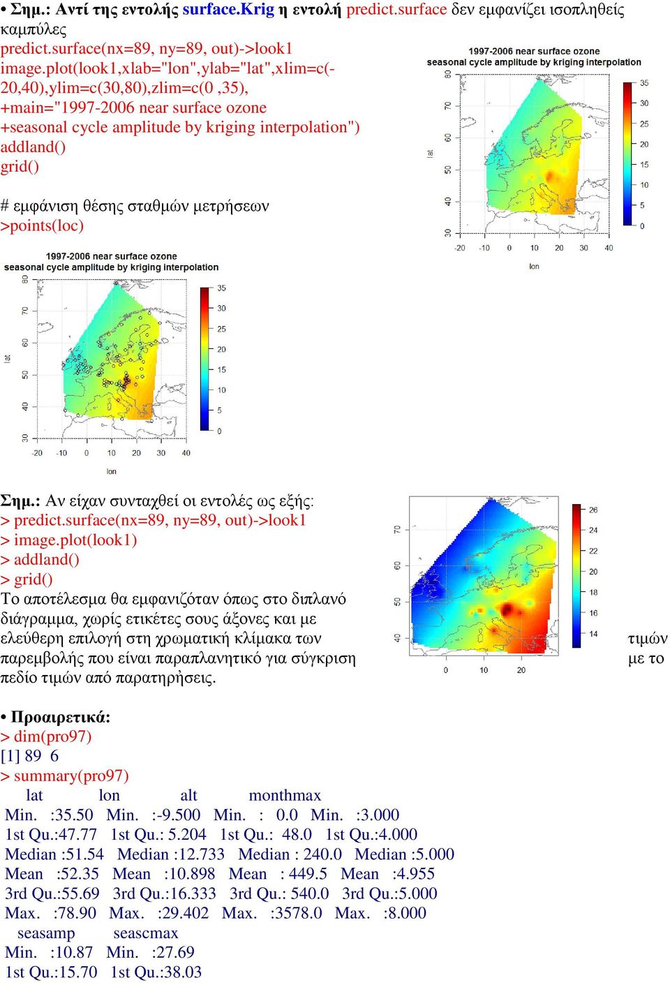 σταθμών μετρήσεων >points(loc) Σημ.: Αν είχαν συνταχθεί οι εντολές ως εξής: > predict.surface(nx=89, ny=89, out)->look1 > image.