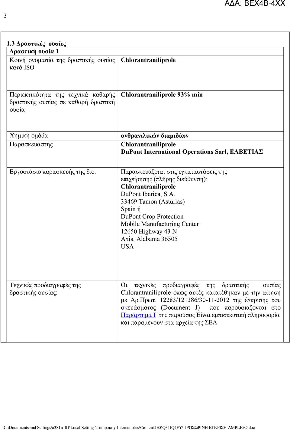 A. 33469 Tamon (Asturias) Spain ή DuPont Crop Protection Mobile Manufacturing Center 12650 Highway 43 N Axis, Alabama 36505 USA Τεχνικές προδιαγραφές της δραστικής ουσίας: Οι τεχνικές προδιαγραφές