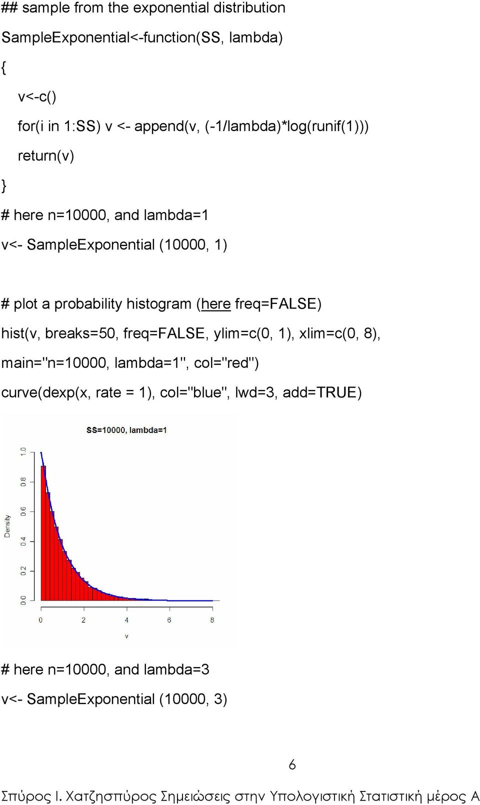 histogram (here freq=false) hist(v, breaks=50, freq=false, ylim=c(0, ), xlim=c(0, 8), mai="=0000, lambda=",