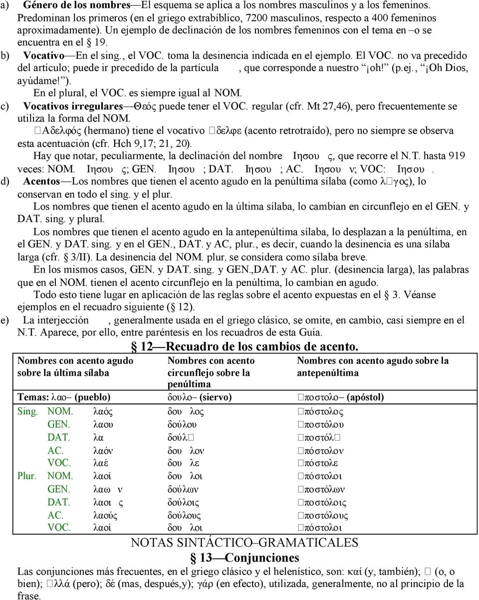 Un ejemplo de declinación de los nombres femeninos con el tema en οse encuentra en el 19. b) Vocativo En el sing., el VOC. toma la desinencia indicada en el ejemplo. El VOC.