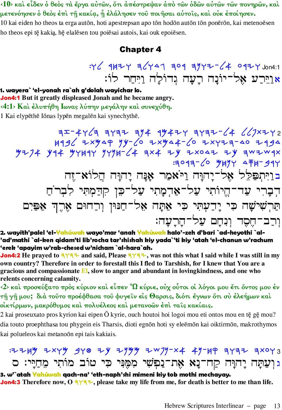 Chapter 4 :EL XGIE DLECB DRX DPEI-L@ RXIE Jon4:1 :Ÿ šµ ¹Iµ Ÿ š Ÿ - µš Iµ 1. wayera` el-yonah ra`ah g dolah wayichar lo. Jon4:1 But it greatly displeased Jonah and he became angry.