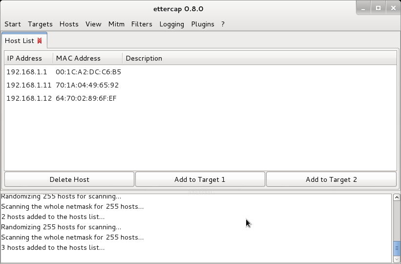 Κωστής Γαρεφαλάκης Εικόνα 44:Το hosts list Από το μενού που φαίνεται στην εικόνα 8, επιλέγουμε τους στόχους μας οι οποίοι είναι οι hosts με IP διευθύνσεις 192.168.1 και 192.168.11.