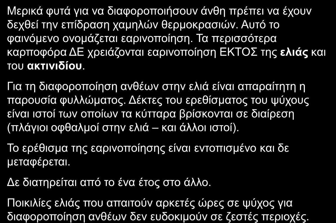 ΕΠΟΧΗ ΠΡΟΤΡΟΠΗΣ ΣΧΗΜΑΤΙΣΜΟΥ ΑΝΘΙΚΩΝ ΚΑΤΑΒΟΛΩΝ Μερικά φυτά για να διαφοροποιήσουν άνθη πρέπει να έχουν δεχθεί την επίδραση χαμηλών θερμοκρασιών. Αυτό το φαινόμενο ονομάζεται εαρινοποίηση.