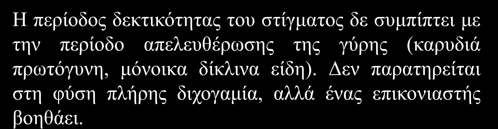 Παράγοντες που επηρεάζουν την επικονίαση και γονιμοποίηση Η περίοδος δεκτικότητας του στίγματος δε συμπίπτει με την περίοδο