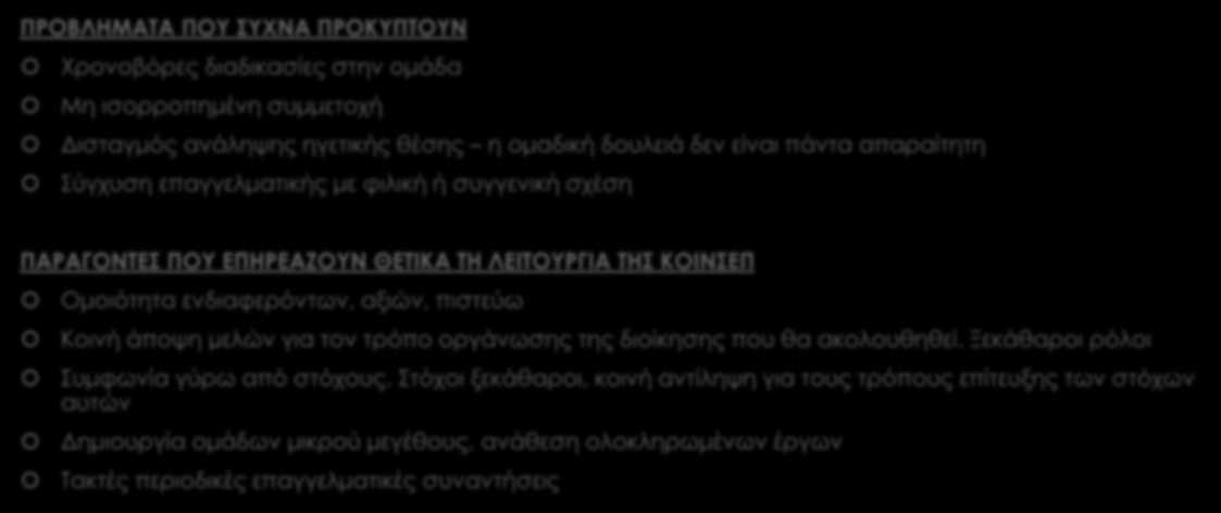 ΣΥΜΜΕΤΟΧΙΚΗ ΜΟΡΦΗ ΔΙΟΙΚΗΣΗΣ ΠΡΟΒΛΗΜΑΤΑ ΠΟΥ ΣΥΧΝΑ ΠΡΟΚΥΠΤΟΥΝ Χρονοβόρες διαδικασίες στην ομάδα Μη ισορροπημένη συμμετοχή Δισταγμός ανάληψης ηγετικής θέσης η ομαδική δουλειά δεν είναι πάντα απαραίτητη