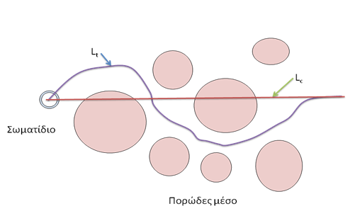 Σχήμα 1.4:Πραγματική διαδρομή ιόντος μέσα σε πορώδες μέσο L c και χαρακτηριστικό μήκος διαδρομής L t. Με την σειρά του ο Dm συντελεστής μηχανικής διασποράς εκφράζεται ως D m =ΑU.