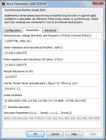 5.2 Block παραμέτρων της Ασύγχρονης μηχανής Πριν περάσουμε στην ανάλυση του ηλεκτρικού και του μηχανικού κομματιού, είναι χρήσιμο να δείξουμε το block μέσω του οποίου εισάγονται οι παράμετροι του