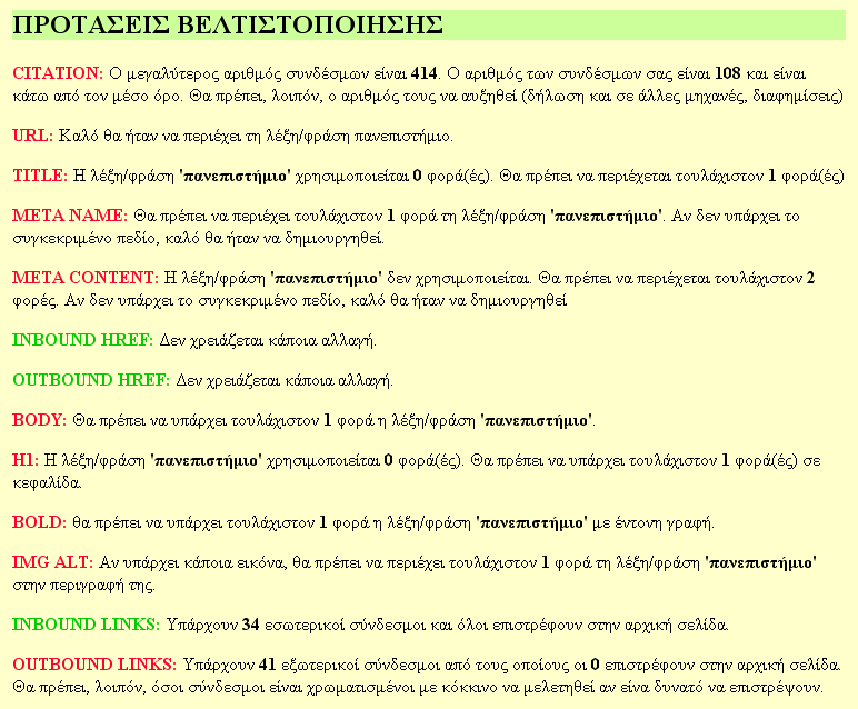 5.4.1 Ενδεικτική πρόταση Μετϊ την ανϊλυςη που πραγματοποιεύ το λογιςμικό, η τελικό πρόταςη βελτιςτοπούηςησ για τον όρο «πανεπιςτόμιο» εύναι η εξόσ Δικόνα 6-1: Πποηάζειρ βεληιζηοποίεζερ για ηον όπο