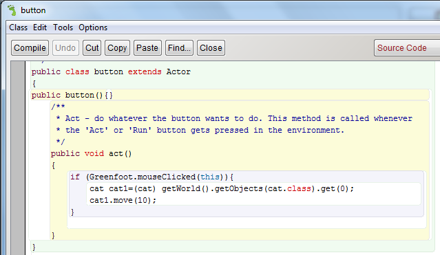 Η Πληροφορική στην Πρωτοβάθμια και Δευτεροβάθμια Εκπαίδευση - Προκλήσεις και Προοπτικές 5 Σχήμα 4: Η μέθοδος Act() για το αντικείμενο Button καλεί την μέθοδο move του αντικειμένου cat1.