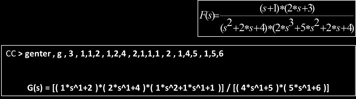 Αναλυτική παρουσίαση μερικών εντολών Enter # of polynomials in denominator > 2 Enter poly # 1 > 2,1,2,4 Enter poly # 2 > 3,2,5,2,4 CC > genter, f, 2, 1,1,1, 1,2,3, 2, 2,1,2,4,