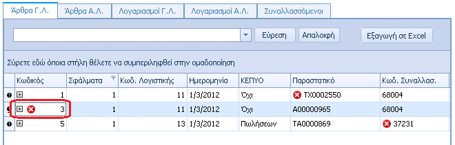 Σε αυτό το σημείο εμφανίζονται οι εγγραφές οι οποίες εμφανίζουν λάθη μετά τον έλεγχο εισαγωγής, βάση των στοιχείων της βάσης εισαγωγής Πχ. 1.