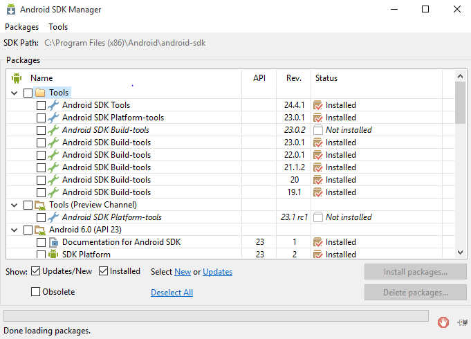 Εικόνα 15. Απεικόνιση από την διαδικασία εγκατάστασης του SDK Android Εικόνα 16. Απεικόνιση του εργαλείου SDK Manager 5.2.5.1.3 Adb και USB Debugging Αφού προηγουμένως, δείξαμε πως κάποιος μπορεί να εγκαταστήσει το περιβάλλον ADB, τώρα θα δούμε κάποια πράγματα σχετικά με το USB Debugging.