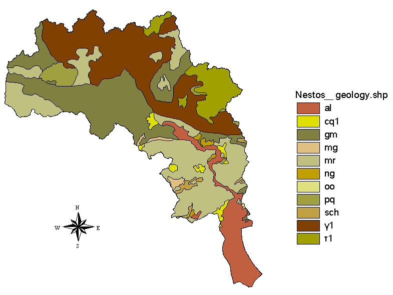 Mr Μάρμαρο ή κρυσταλλικοί ασβεστόλιθοι Ng Κροκαλοπαγή, ψαμμίτες Oo Μολασσικοί σχηματισμοί Pq Λιμναίες αποθέσεις: κροκαλοπαγή, ψαμμίτες Sch Σχιστόλιθοι γ1 Πυριγενή πετρώματα.