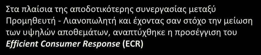 Προσέγγιση Efficient Consumer Response (ECR) Έγκαιρη, Ακριβής, Ηλεκτρονική Ροή Πληροφοριών Προμηθευτές Διανομέας Λιανοπωλητής Καταναλωτής Ομαλή, Συνεχής Ροή Προϊόντων Ανάλογα της Κατανάλωσης Π.