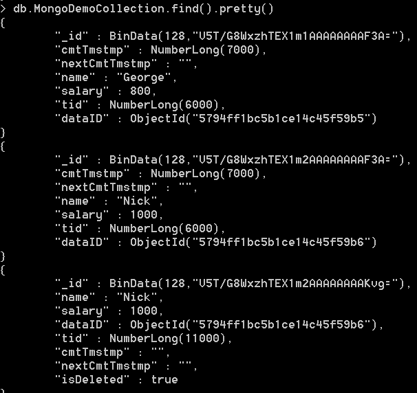 Σχήμα 6.9: Διαγραφή χωρίς Μονιμοποίηση MongoDB Παρατηρείται η εισαγωγή μιας νέας έκδοσης για το χρήστη Nick όπου το πεδίο isdeleted έχει την τιμή true.