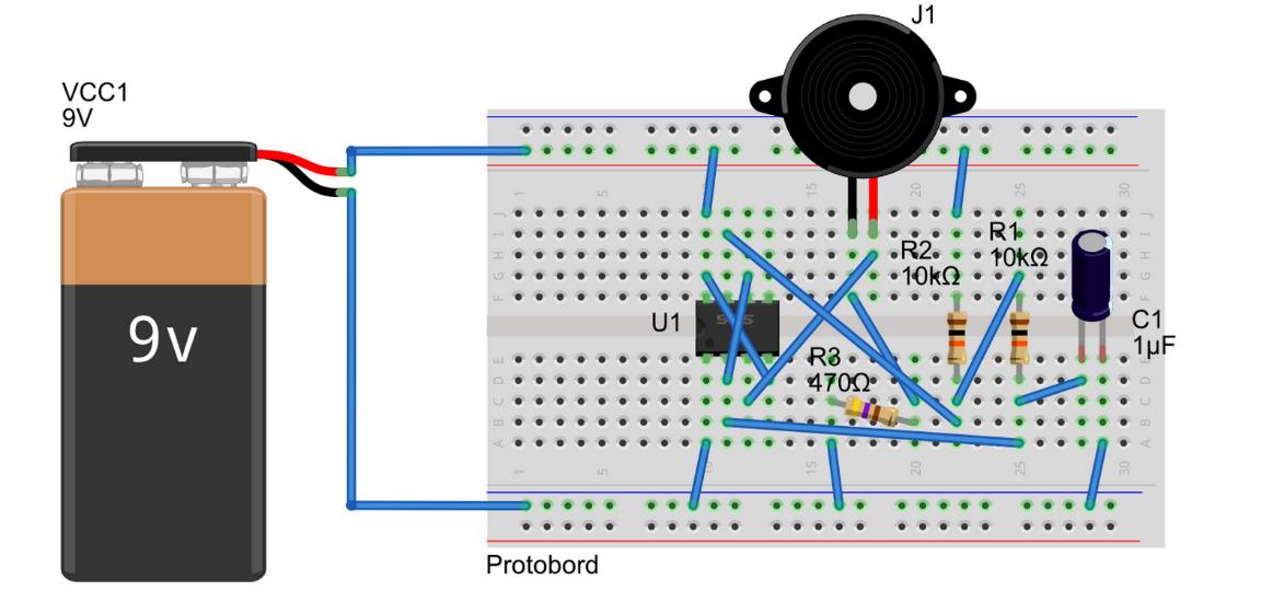 Ознакa VCC1 Батерија 9 V R1, R2 Отпорник 10 kω R3 Отпорник 470 Ω J1 Зујалица U1 Интегрисано коло NE555 C1