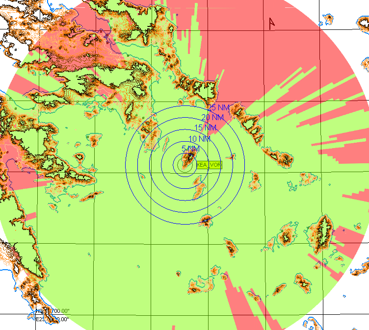 Σχήμα 4.3 Διαγράμματα κάλυψης στα 5000ft, 4000ft, 3000ft και 2000ft χαμηλότερο MSA του SSV, αλλά και από το ύψος της θέσης εγκατάστασης του VOR.