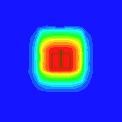 ΚΕΦΑΛΑΙΟ 3 (γ) Εικόνα 3.16: Κατανομή μέσου ρυθμού ειδικής απορρόφησης ανά 1g ιστού στη ζώνη ISM στο επίπεδο xy στο επίπεδο xz (γ) στο επίπεδο yz. (γ) Εικόνα 3.17: Κατανομή μέσου ρυθμού ειδικής απορρόφησης ανά 1g ιστού στην περιοχή ISM στο επίπεδο xy στο επίπεδο xz (γ) στο επίπεδο yz.