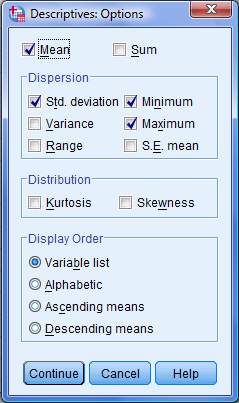 Τα βήματα εντολών για αυτό το σκοπό είναι: Analyze Descriptive Statistics Descriptives Options και έπειτα η επιλογή μεταβλητών και